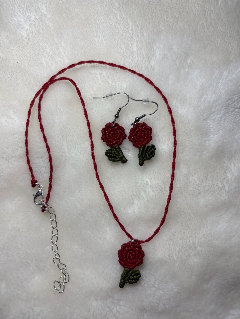 Handmade Red Rose Necklace and Earrings Set - Women Jewelry